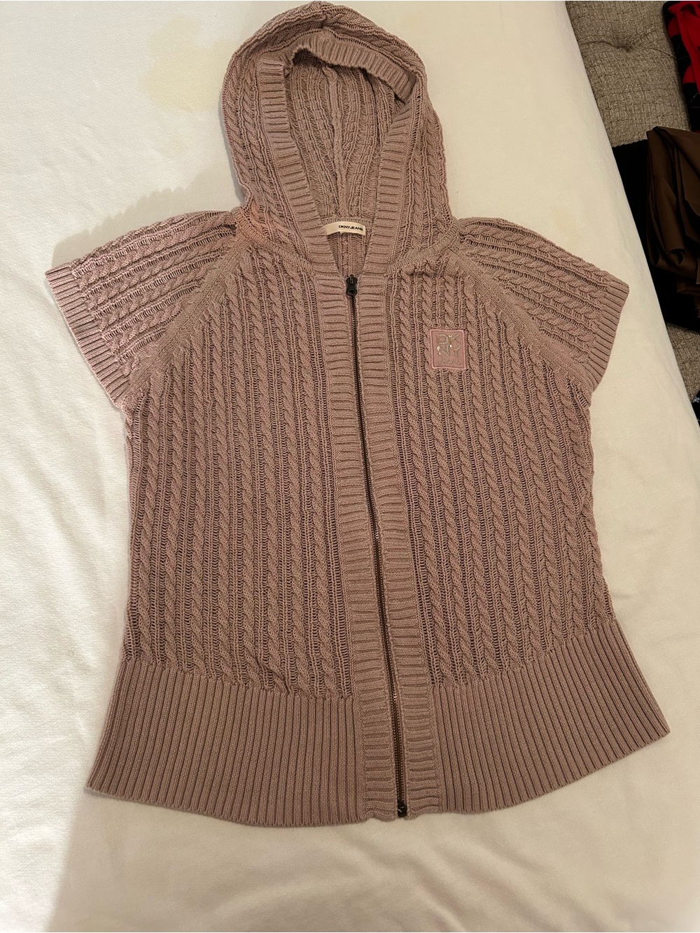 DKNY Hooded Cable-Knit Short-Sleeve Sweater - Dusty Rose